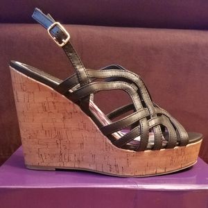 Madden Girl Elite Black Cork Wedge Sandals size 9M